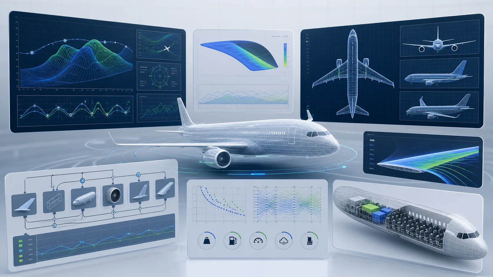 Aerospace engineering software with analysis plots and technical workflow data
